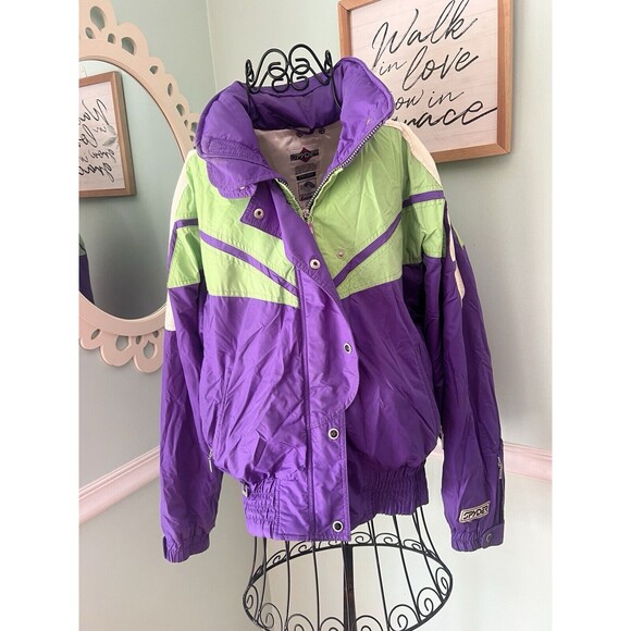 Vtg Spyder jacket Women’s size 12 neon purple green Thinsulate Hidden Hood Ski - Picture 1 of 10